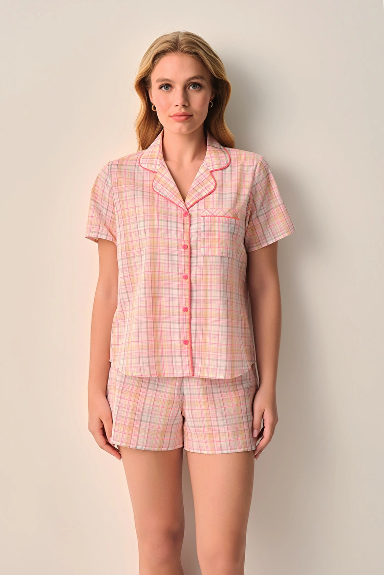 Plaid Print Lily Shirt Collar Short Set