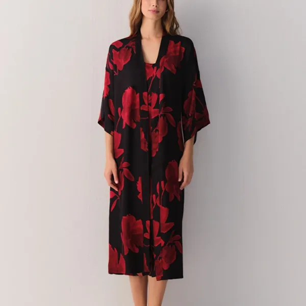 Rose Print Seductive Satin Long Morning Gown