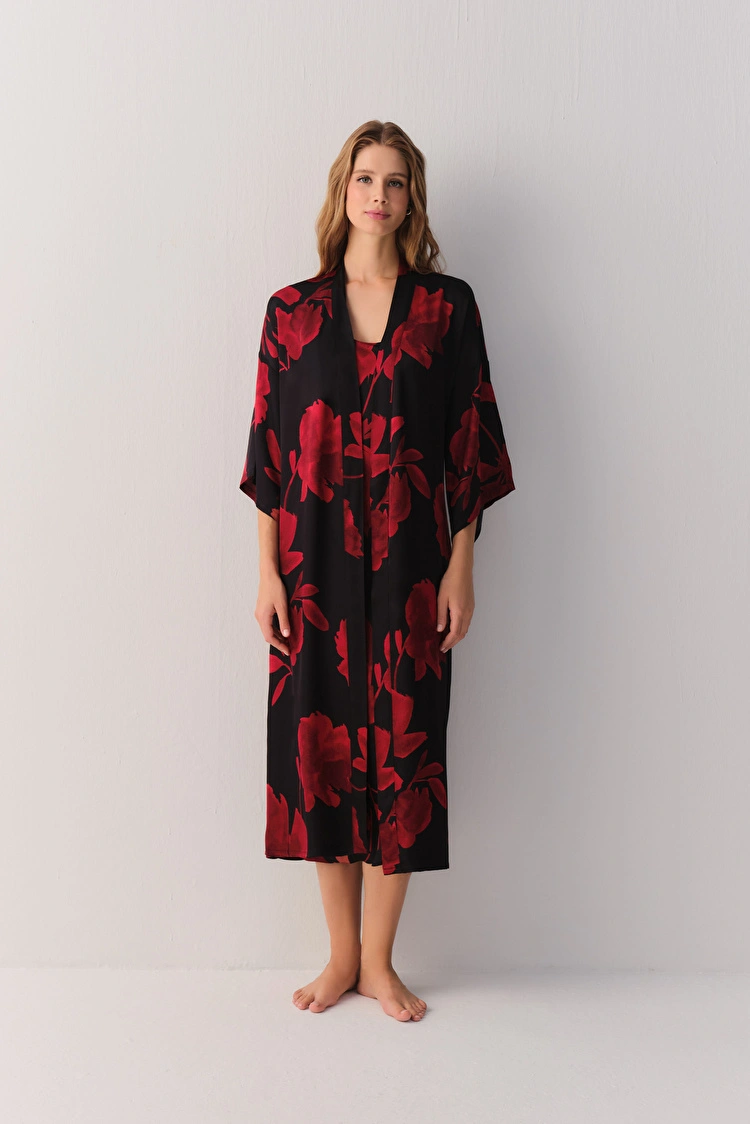 Rose Print Seductive Satin Long Morning Gown